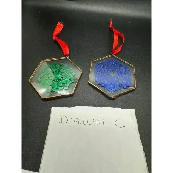 2 Vintage Glass Christmas Ornaments Hexagon shaped foil snowflake copper edge - Picture 7 of 9